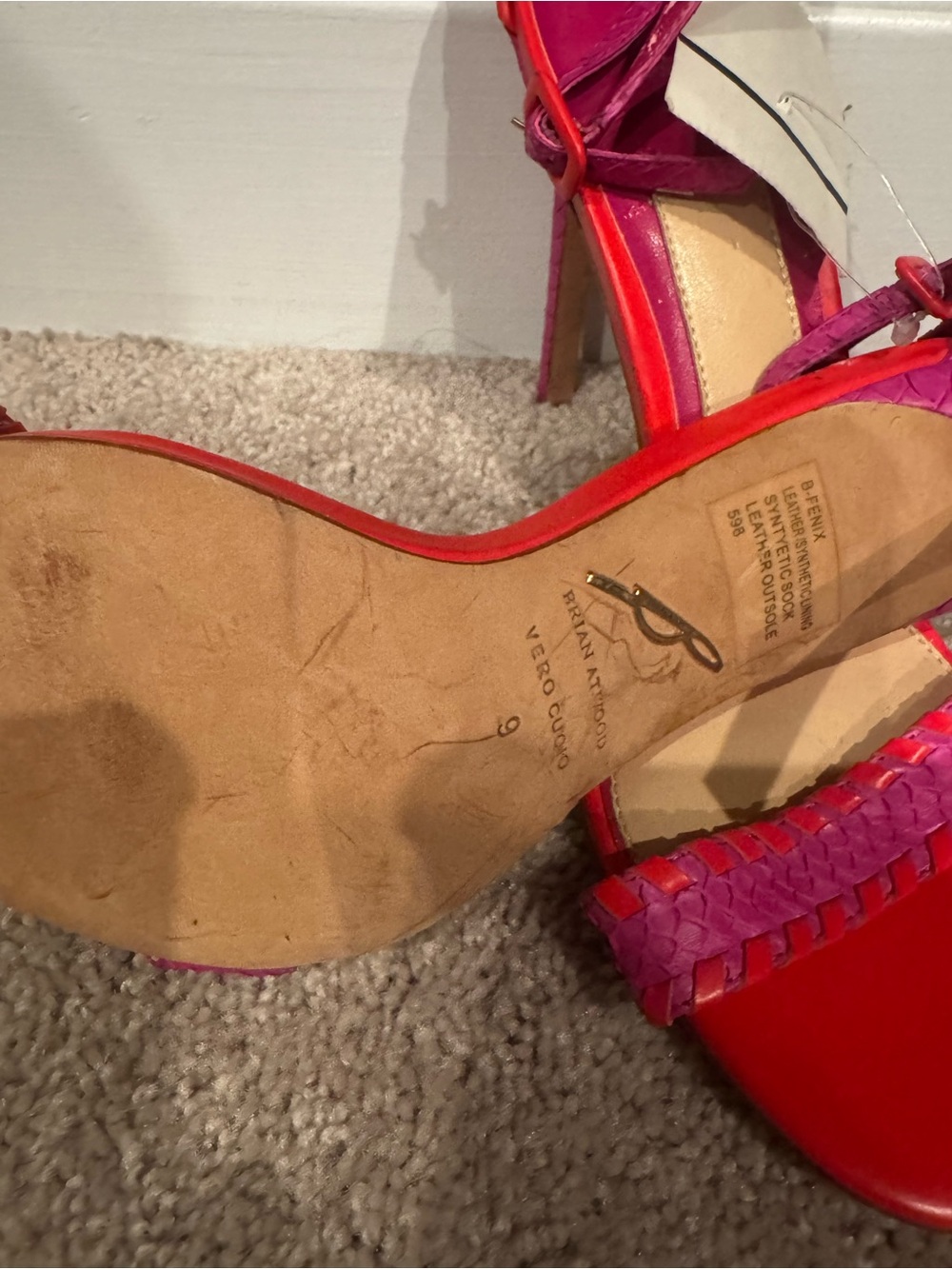 Brian Atwood Pink and Red Braided Strap Stiletto Sandals